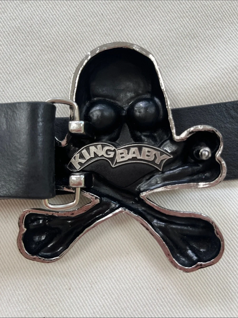 Men's Black Leather Belt with Silver Skull & Crossbones Buckle